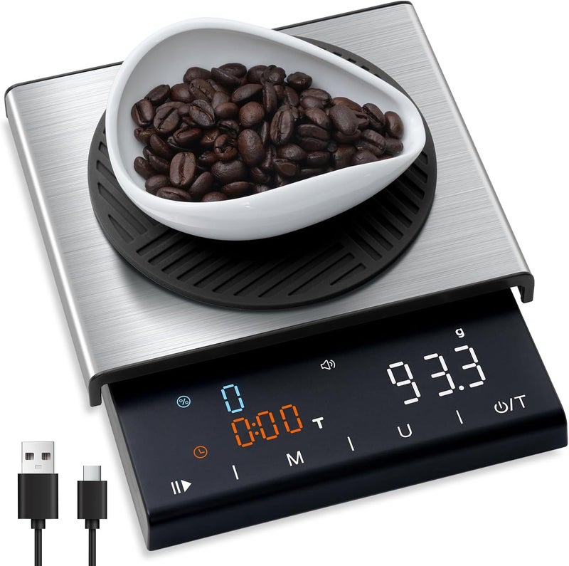 TIPRE Coffee Scale with Timer, 0.1g High Precision Espresso Scale, Pour Over Coffee Weight Scale Rechargeable Coffee Scale for Espresso with Color LED Display, Touch Sensor, Silicone Cover - Image 1